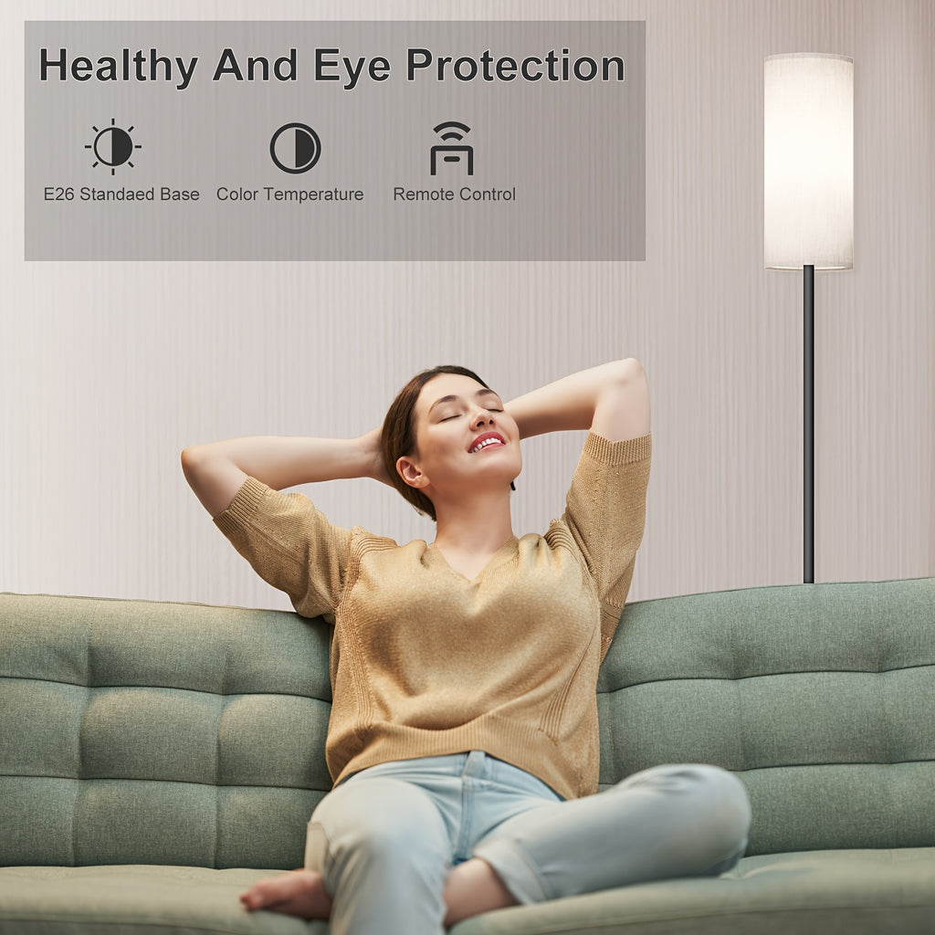 LED floor lamp, dimmable with lampshade and LED bulb (3000K-6500K), self-adjusting color temperature tall lamp for bedroom, equipped with foot switch and remote control