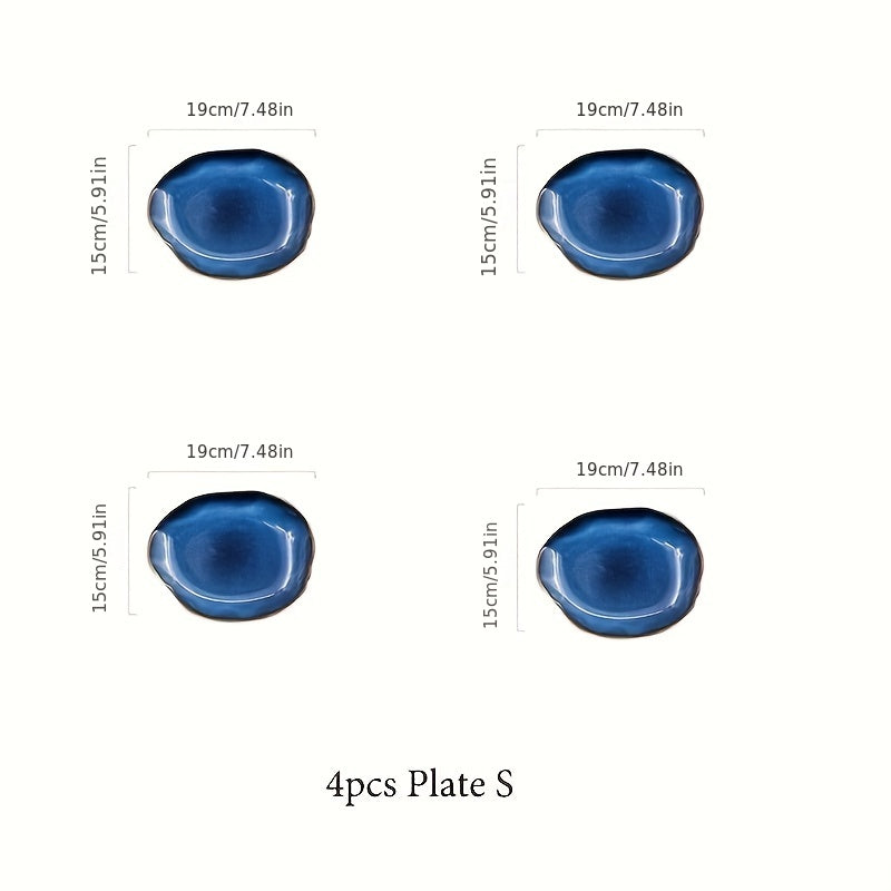 4-Pack Cat‘s Eye Blue Nordic Ceramic Food Plate – Home Pottery Irregular Dinnerware, Salad Platter Tableware