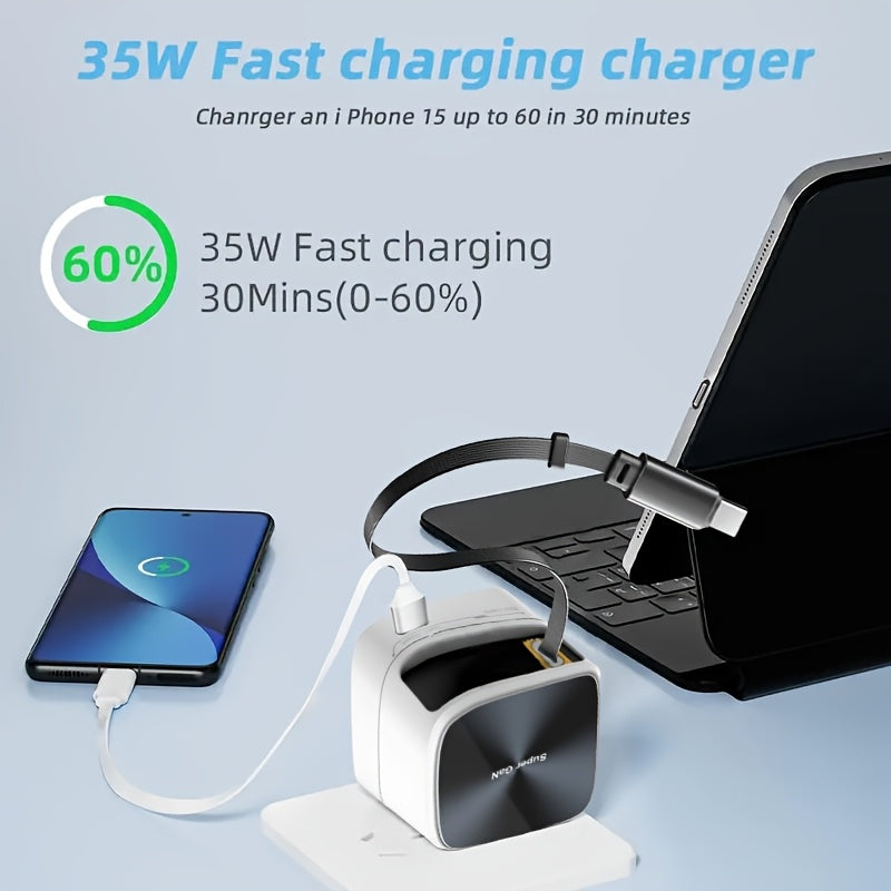 1pc 35W USB-C Fast Charging Wall Charger, With 31.5inch Retractable Cable, Compatible With IPhone 15/15 Pro/15 Pro Max, IPad, AirPods, Pixel& More, Charge Two Devices At The Same Time