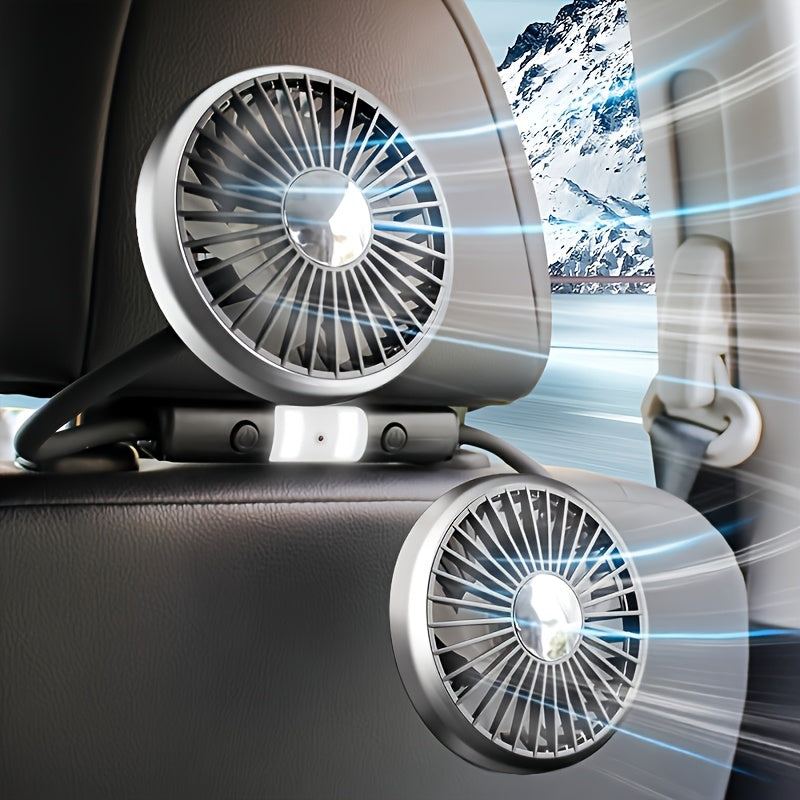 Car Rear Seat USB Cooling Fan with Two Independent Rotatable Heads, 360° Rotation, Ultra Quiet Ventilation, Designed for Sedan, SUV, RV and Truck