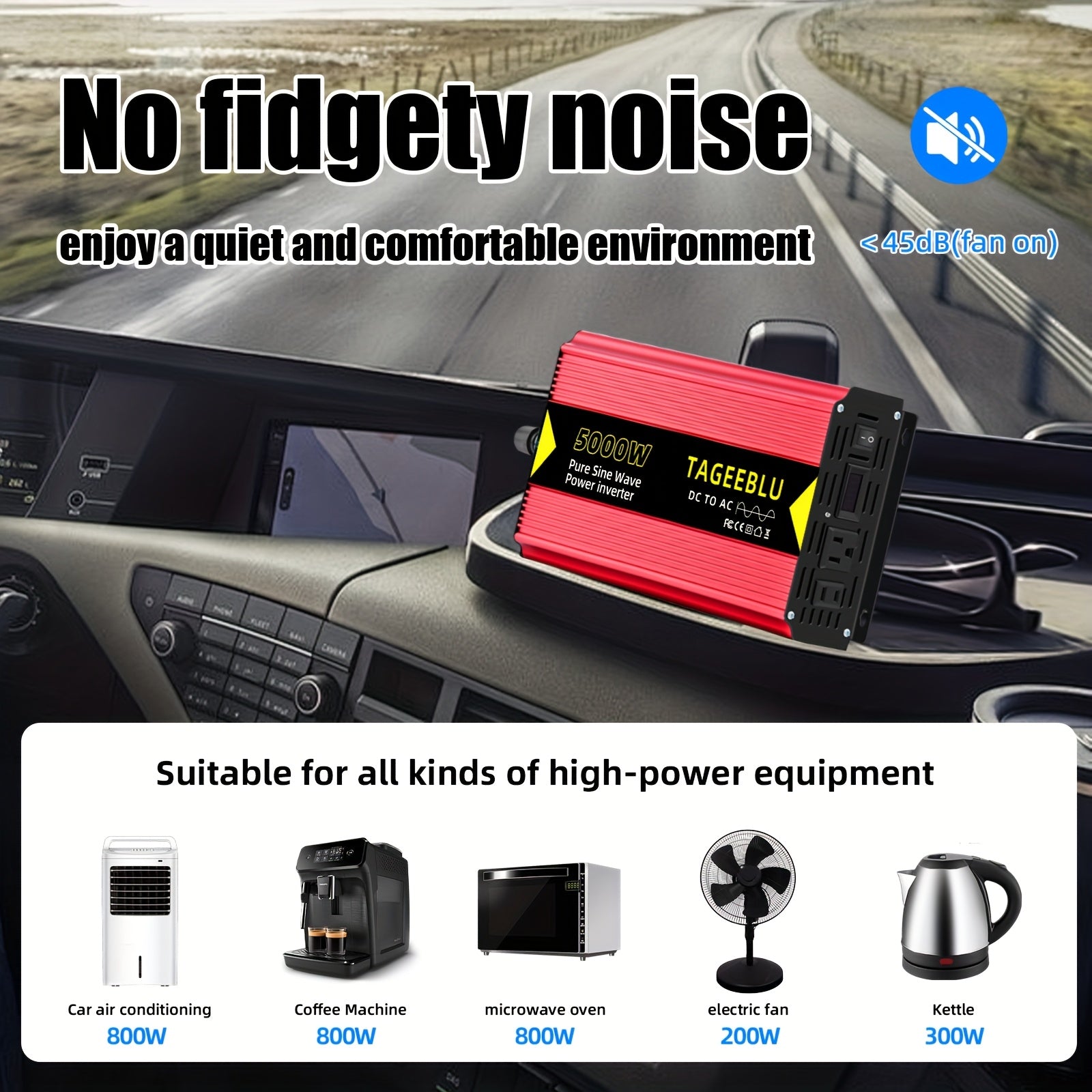 纯正波，房车逆变器，12V或24V DC to 110V AC，5000W峰值，配备电缆，离网，房车，旅行拖车、大部分重型电器适用，咖啡机，微波炉，安静