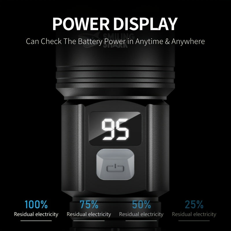 1Pc SMILING SHARK Rechargeable Flashlight, Super Bright Zoomable LED Spotlight with Digital Display, 3 Lighting Modes, Lightweight Portable Handheld Work Light, Type-C Charging, Model SD5242B, for Hiking Camping Fishing Outdoor Emergency