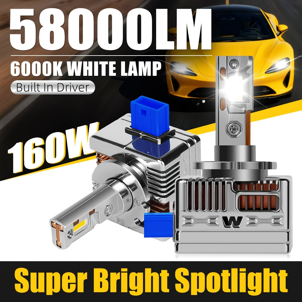 2-Pack Newest Car LED Headlight Bulbs D1S D2S D3S D4S D5S D8S High/Low Beam 160W Super Bright White 6000K CSP Chip Canbus, Each with Copper Tube and Fan, Plug-and-Play