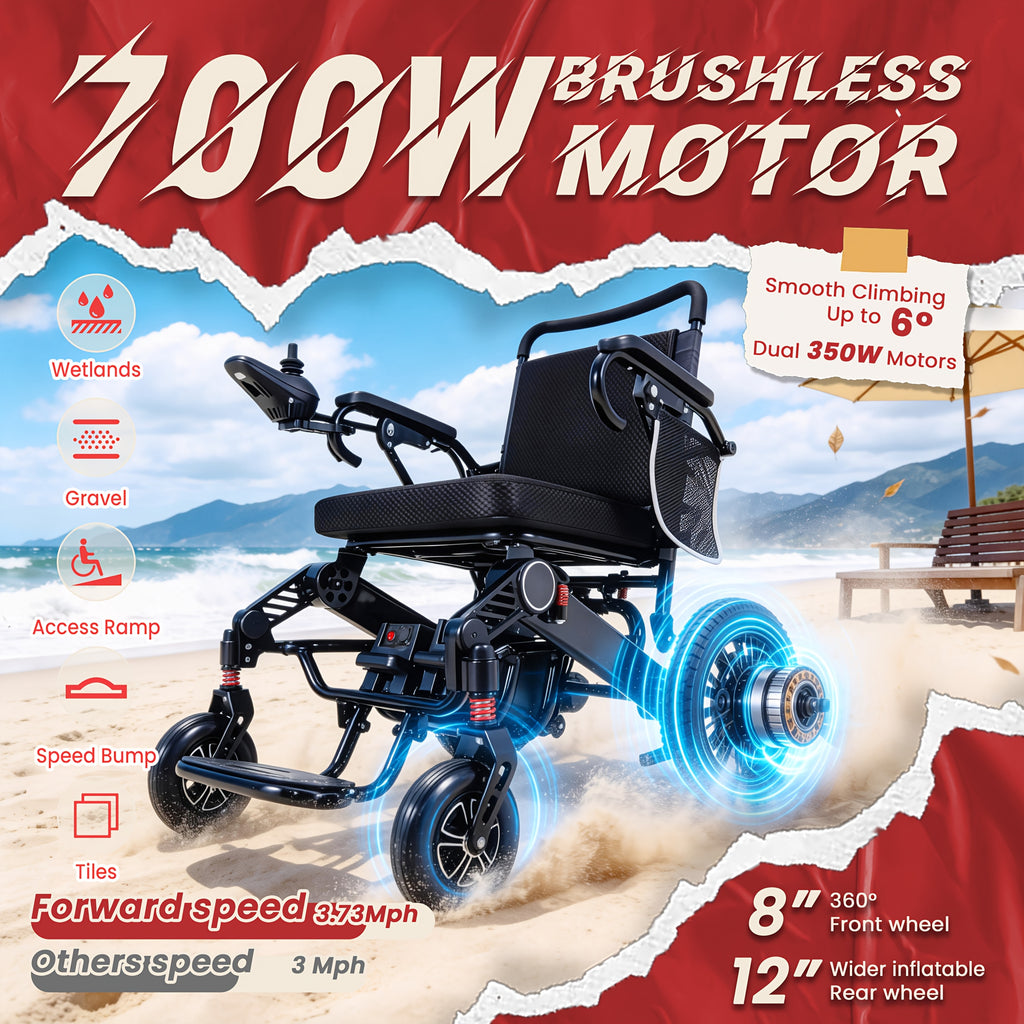 440磅承重22英寸寬座電動輪椅，700W大功率電機電動輪椅，可摺疊全地形，續航30英里，24AH雙電池（12AH+12AH），配備防塵罩與揹包