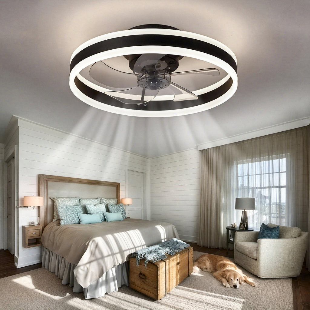 Low Profile Ceiling Fan with Light and Remote, Fandelier Flush Mount Ceiling Fan, 20 Inch Installation, Smart Bladeless LED Fan Light, 3000K-6500K, Black Modern Ceiling Fan for Bedroom