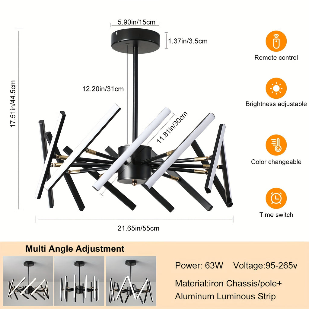 Modern LED pendant light, dimmable black LED pendant light, 12-light flush mount chandelier dining room lighting fixture, DIY ceiling light for bedroom kitchen living room, LED lighting and home decoration