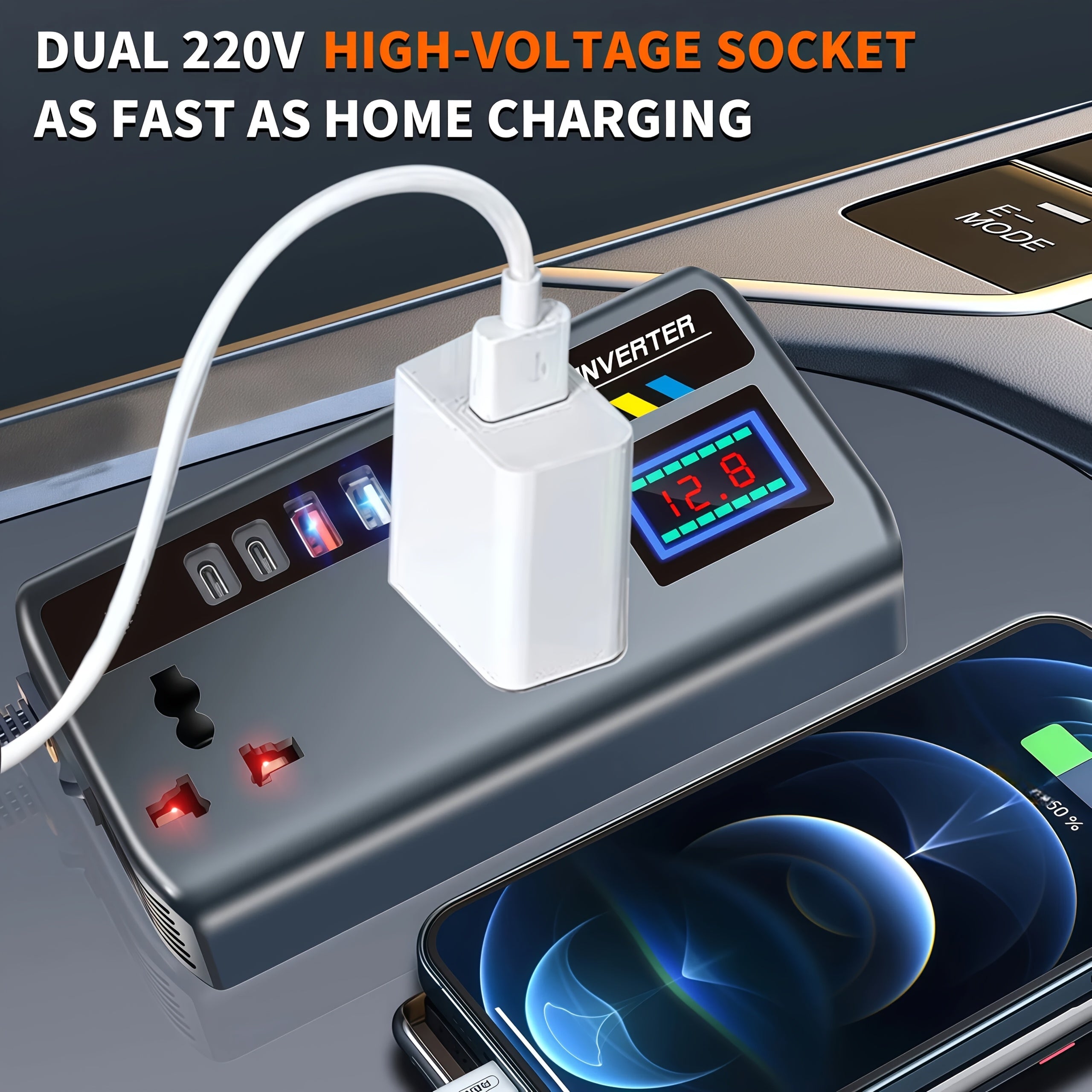 200W车载电压转换器逆变器，从DC 12V/24V到AC 220V，双通用插座+6个USB端口，数字电压显示，智能快速充电和大功率变压器-适用于汽车、卡车和SUV