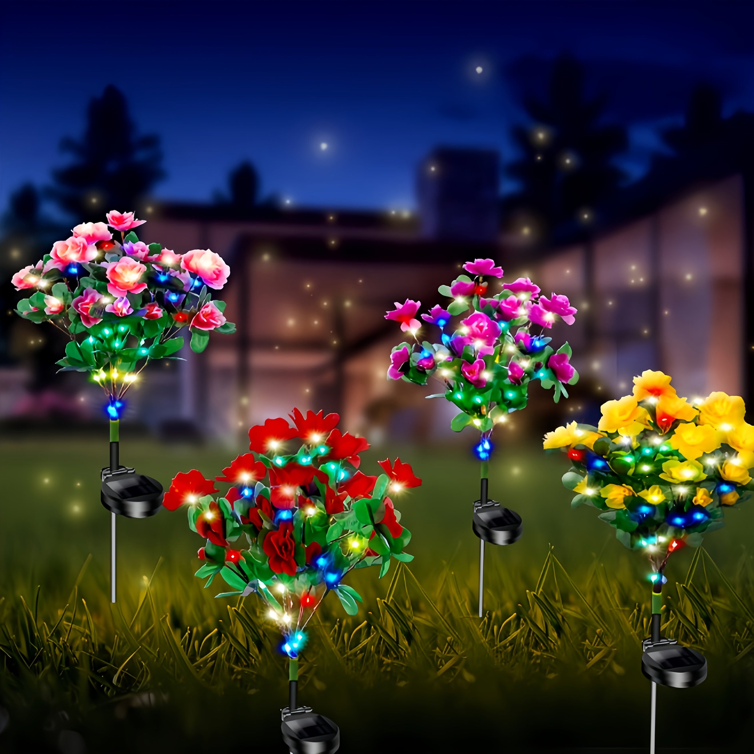4-Piece Solar Courtyard Light, Azalea Colorful Light, Outdoor Waterproof | Courtyard Decoration, Romantic Garden Atmosphere Light, Holiday Decoration | Party Decoration, Suitable for Garden, Courtyard, Lawn.