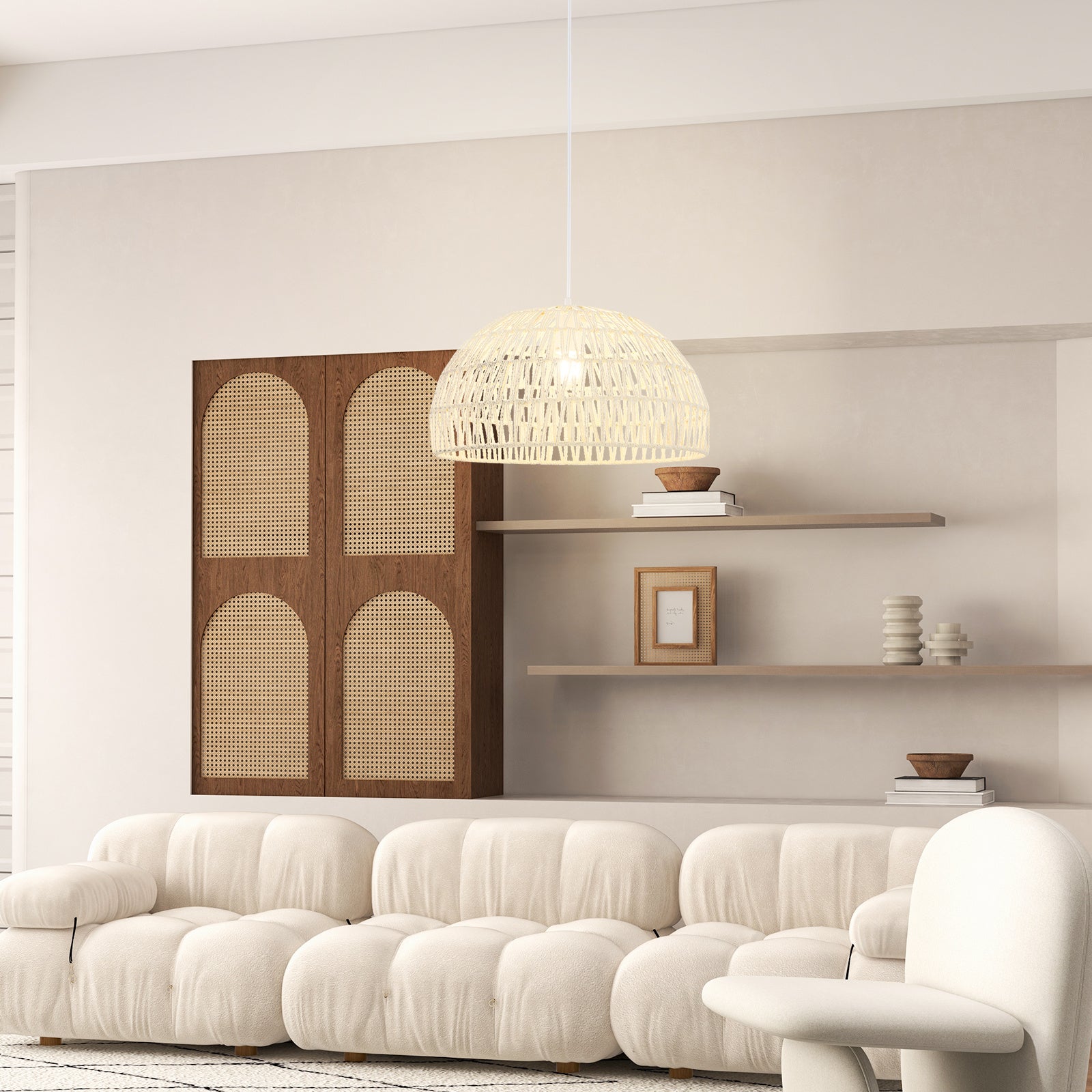 Paper Pendant Light, Dome Hanging Ceiling Light with Adjustable Hanging Cord, 17.5-Inch Decorative Pendant Light, Suitable for Kitchen Island, Dining Room, Bedroom, Foyer, Hallway, Beige