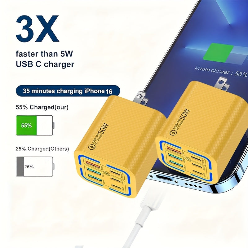 50W USB Type C Wall Charger, Type C Fast Charging, 6-Port (USB C + Type C) Fast Charger - Compatible for iPhone 17/ 16/ 15/ 13/ 13 Pro/ 12/ 12 Pro/ XR/ SE, Pro/ Mini/ Air - Perfect Christmas/ Holiday Gift, Multidevice Charging, Office Power Adapter