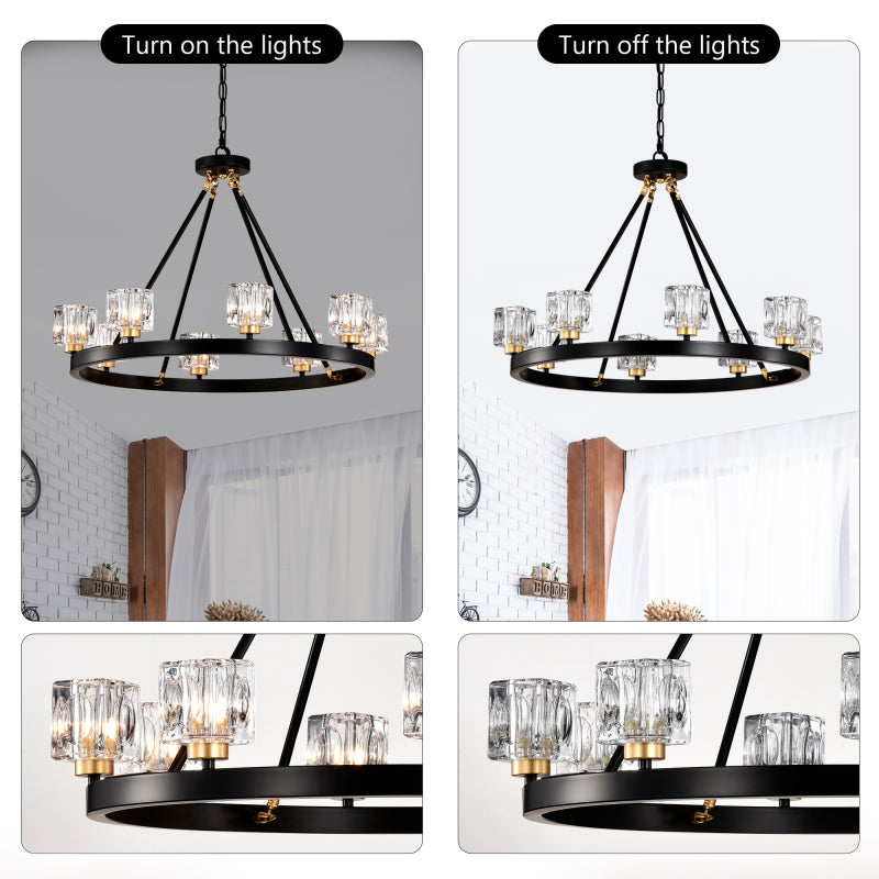 Matte black + gold wagon wheel pendant light, farmhouse modern small crystal round chandelier, suitable for living room, kitchen island, foyer, hallway, entryway, bedroom, rustic dining room lighting ceiling hanging