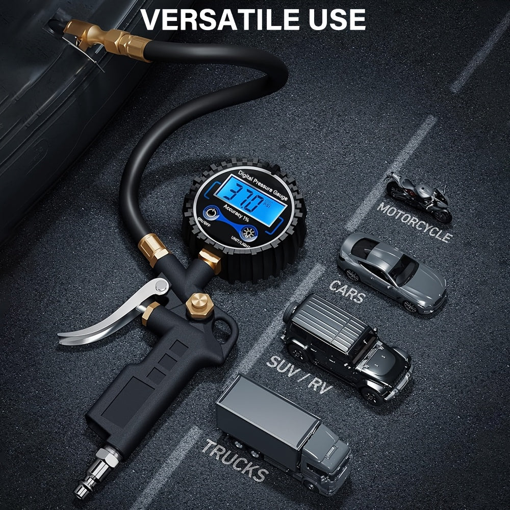 Digital Tire Pressure Gauge, 250 PSI (Heavy Duty with Quick Connect Coupler), 0.1 Display Resolution, Air Compressor Accessory, Tire Inflator Gauge, Auto Accessory for Cars, SUVs, Buses, Trucks, Bicycles & Motorcycles