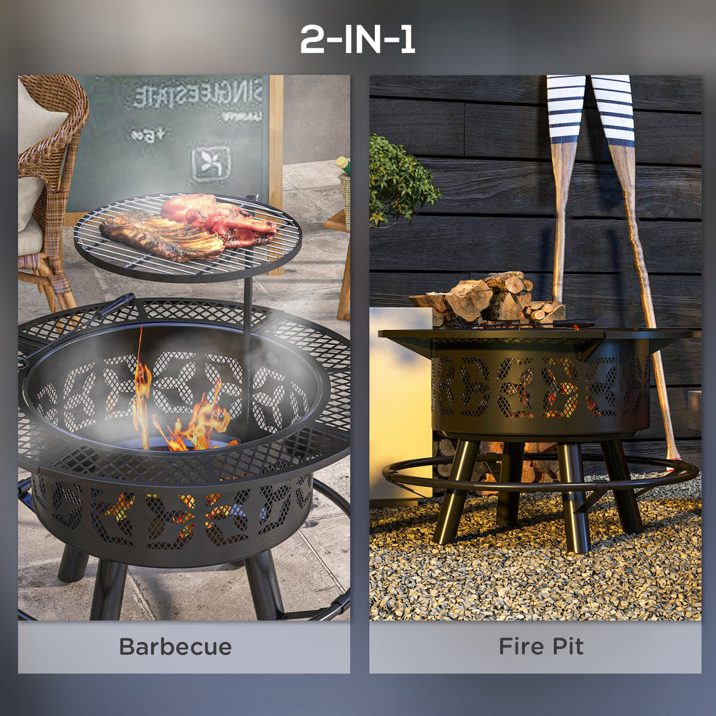 2-in-1 Fire Pit & Charcoal BBQ Grill, 33-Inch Portable Wood Burning Fire Pit with Adjustable Cooking Grate, Pan & Poker, Camping Bonfire Stove, Black