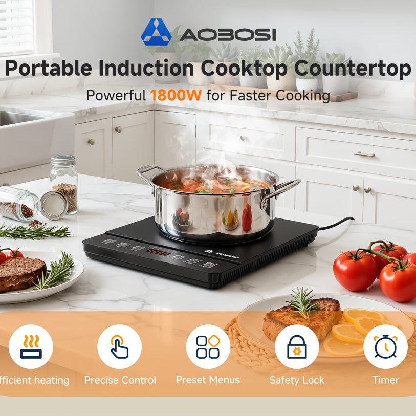Aobosi Portable Induction Cooktop, 1800W Powerful Output for Fast & Efficient Cooking, Blue LCD Display. Features 18 Power Levels, 20 Temperature Settings & Lock Function, Plus 3 Adjustable Cooking Programs.