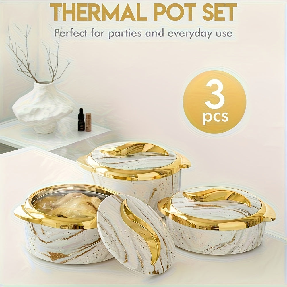 3-Piece Gold Touch Insulated Dinnerware Set – Stainless Steel Hot & Cold Food Bowl with Lids, Portable Thermos (Home Use), Office Lunch Container, Hot Pot Tableware