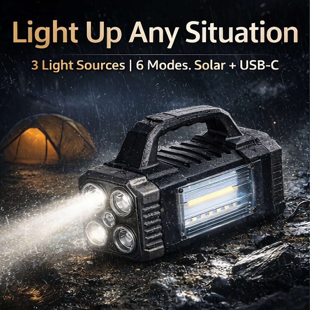 Camping Lantern, Rechargeable LED Light, Flashlight, 3 Light Sources, Solar Light with USB-C Fast Charging, Portable Camping Light, 6 Modes, High-Brightness Floodlight, Emergency Light