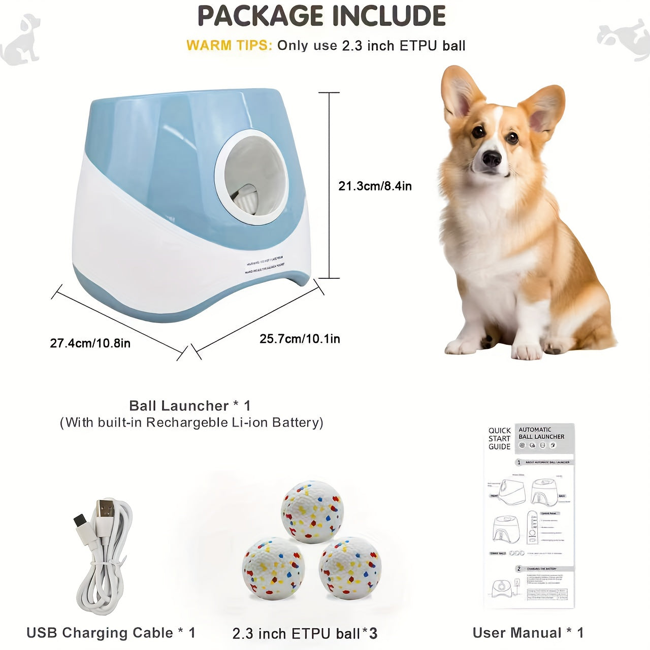自动宠物狗球发射器，室内/室外互动狗玩具，用于接球+玩耍时间，3种距离(22/33/46英尺)，可充电，配有3个ETPU耐用球和USB线，互动狗玩具用于锻炼、智商训练和刺激