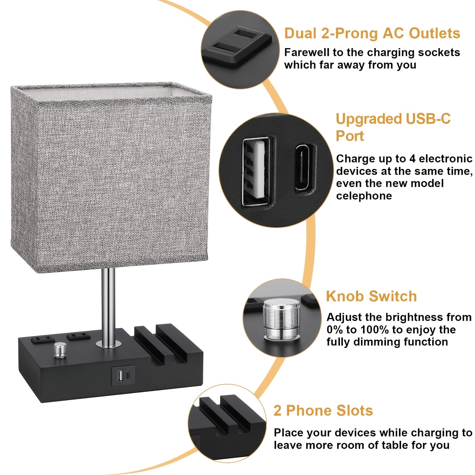 Bedroom table lamp, with dual USB ports, dimmable bedside lamp, with phone stand and 2 charging outlets, table lamp for nightstand and living room, LED bulb included