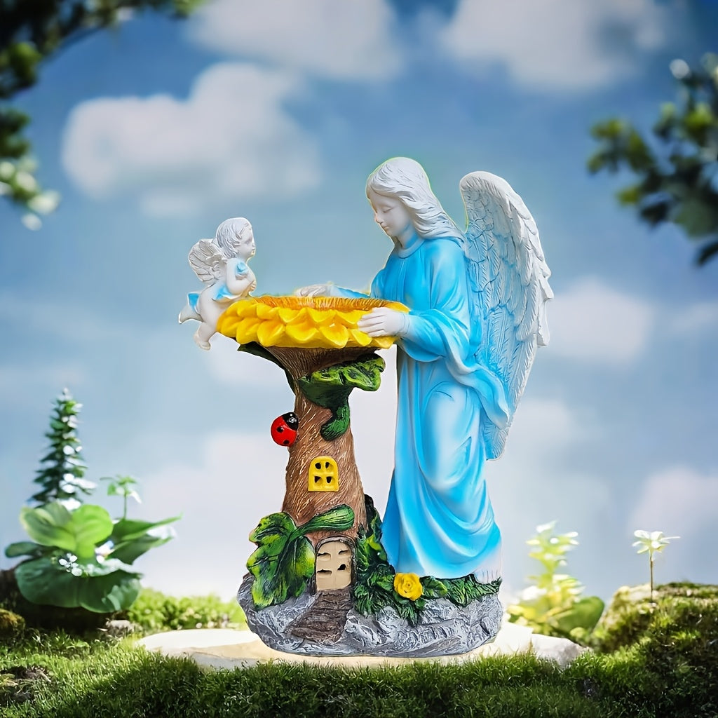 OTDECOR 1-Piece Solar Color Changing Light Angel and Cherub Garden Statue, Angel Outdoor Statue Sculpture, Resin Outdoor Decor with LED Lighted Tree House Base, Suitable for Patio and Backyard Lawn Decoration