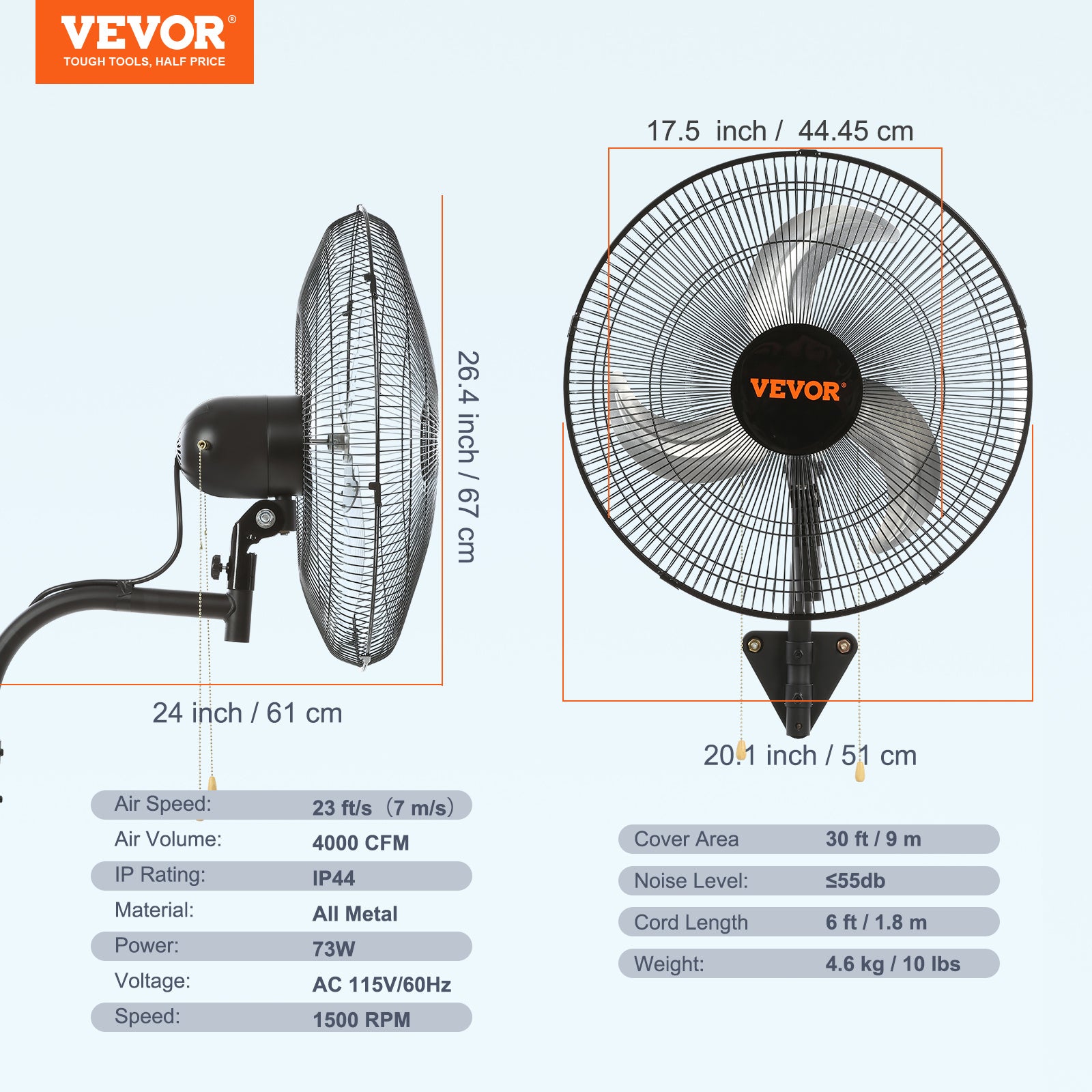 VEVOR Wall Mount Fan, 1/2 Pack, 18 Inch Oscillating, 3 Speed Settings, Max 4000 CFM, Industrial Indoor Fan, Ideal for Commercial, Residential, Warehouse, Greenhouse, Workshop, Basement, Garage, Black
