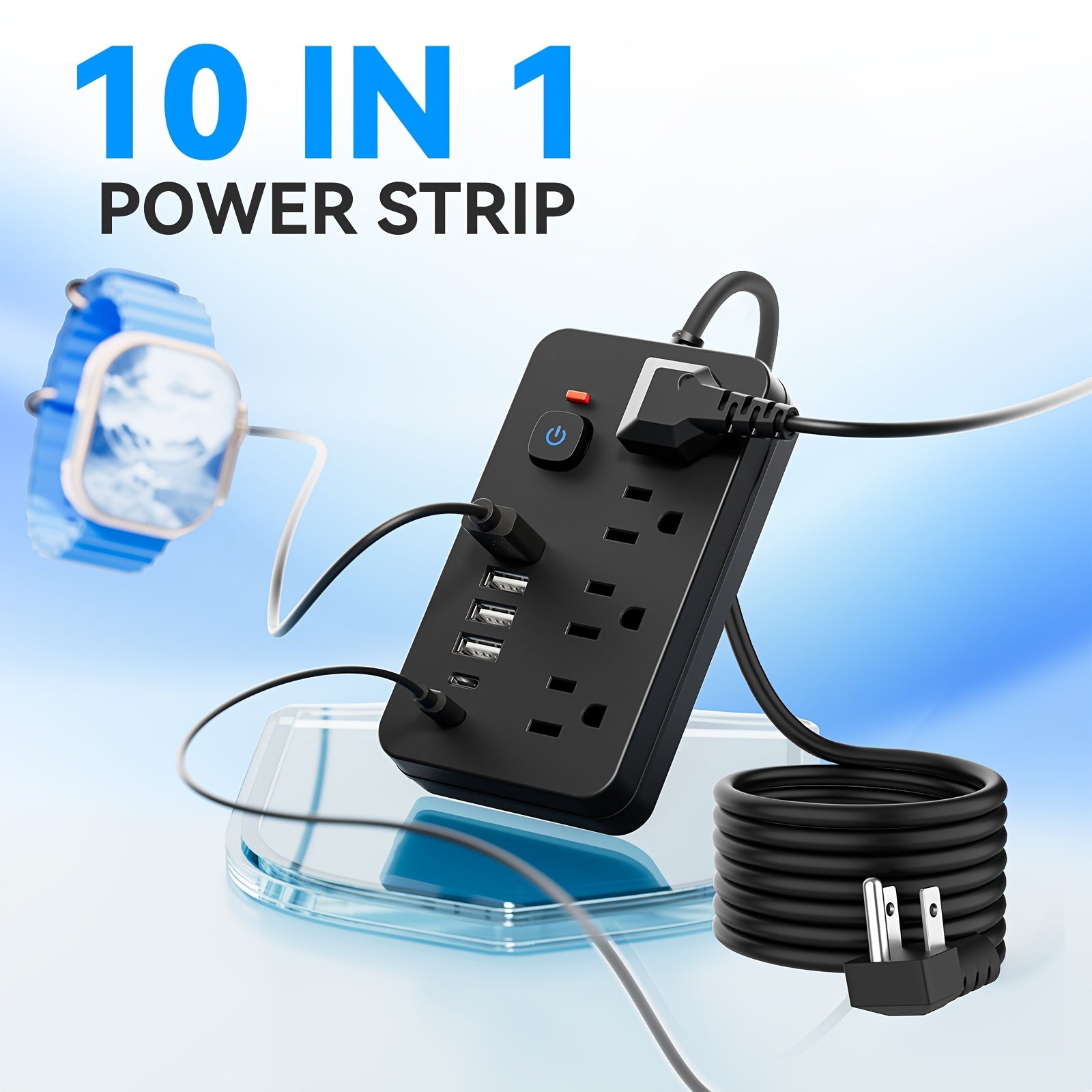 1 Unit of a 10-In-1 Versatile Power Strip Featuring 4 AC Sockets And 6 USB Ports, Available in 5FT Or 10FT Cord Lengths. Its Compact Design Includes Surge Protection And Can Be Mounted on Walls, Making It a Must-Have for Home, Office, Dormitory