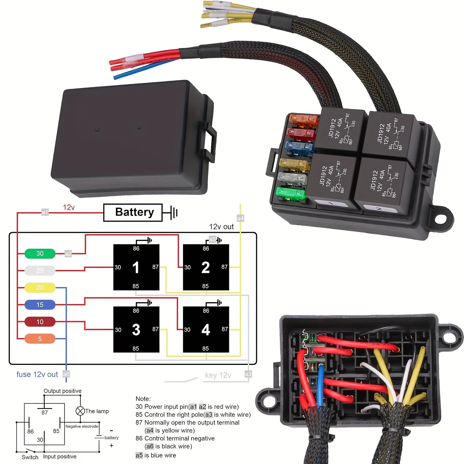 Pre-Wired Fuse Relay Box, 2/3/4/6 Way 4-Pin 40A Relay Block Kit, Suitable for Car Truck Boat JEEP