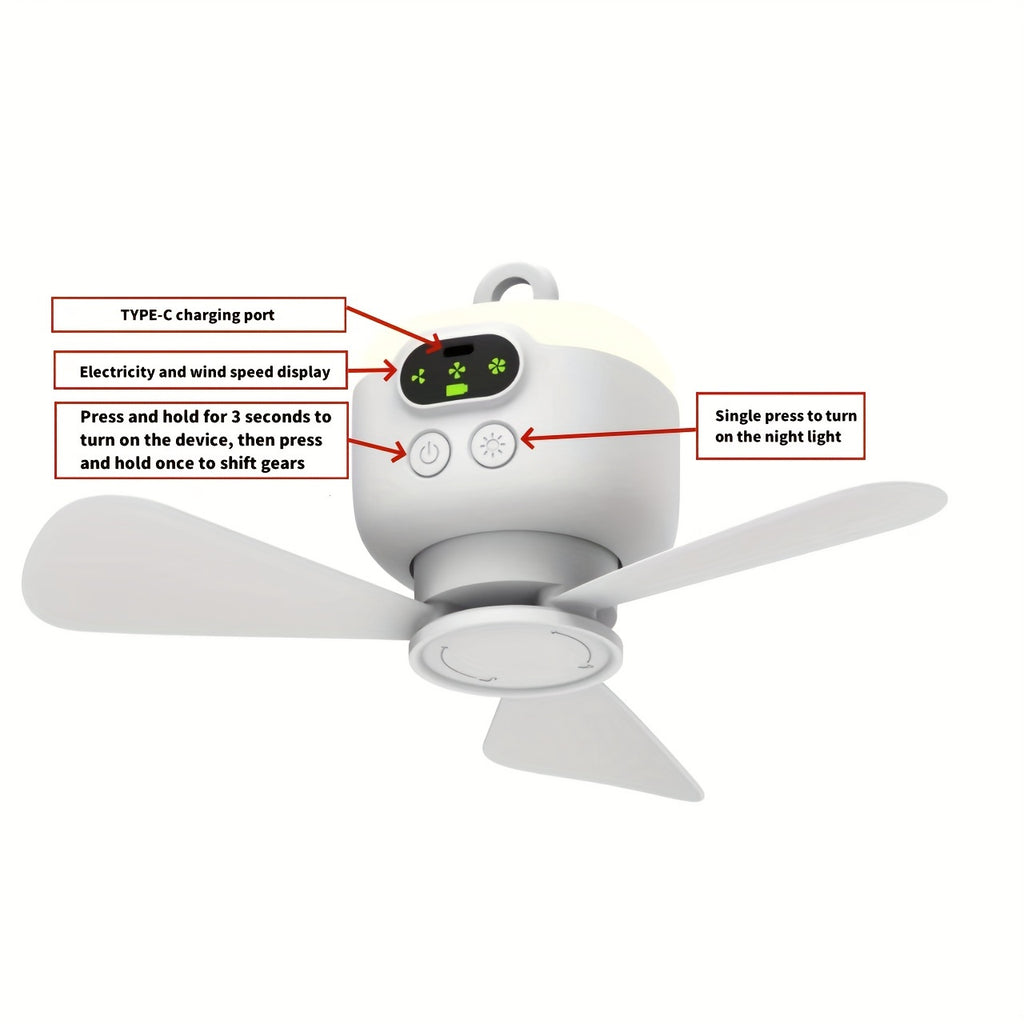 8000mAh Large Capacity USB Rechargeable Mini Ceiling Fan, Camping Fan with Night Light, 3 Speed Levels, Outdoor Portable Hanging Tent Fan, 12H Long Battery Life High Wind Power, Ideal for Camping and Fishing