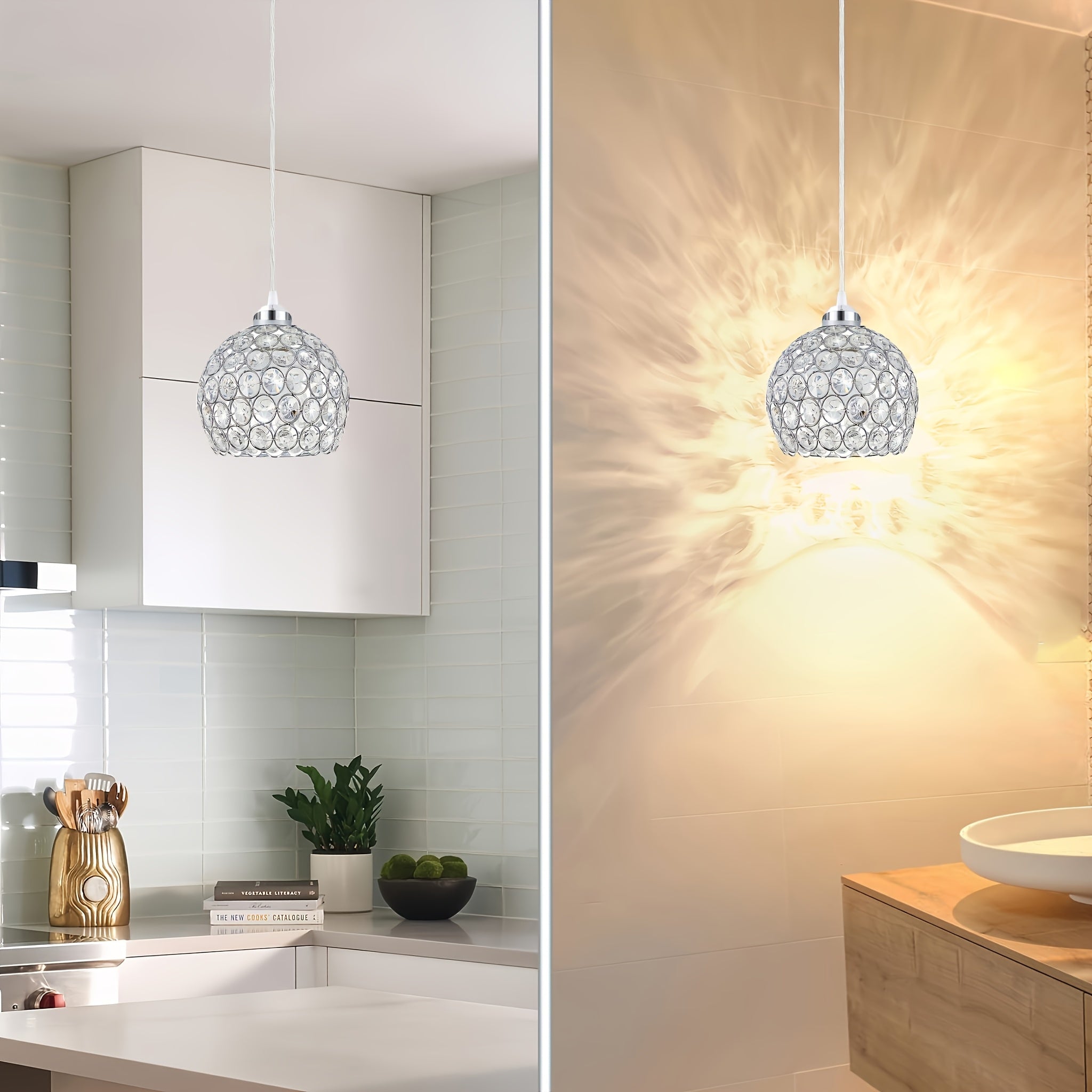 Elegant silver crystal chandelier - modern pendant light, suitable for dining room, kitchen island, bedroom and living room decoration, semi-flush mount installation, ceiling pendant light (bulb not included)