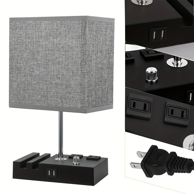 Dimmable table lamp bedroom dual USB port bedside lamp for nightstand counter lamp with charging station, 2 power outlets, fabric lampshade, LED bulb