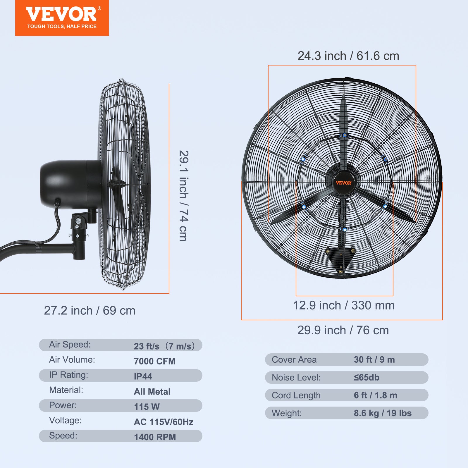 VEVOR Wall-Mount Misting Fan, 24"/30", 3-Speed High Velocity Max 7000 CFM / 9500 CFM, Waterproof Oscillating Industrial Wall Fan, Commercial/Residential for Warehouse, Greenhouse, Workshop, Black, ETL Listed