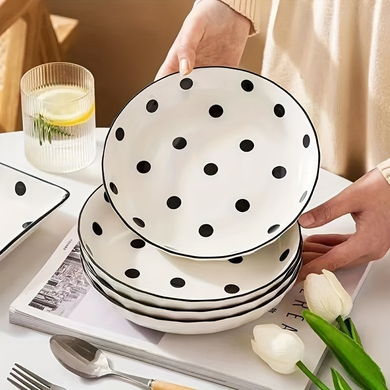 Vintage Polka Dot Ceramic Dinner Plate for Home Use, Microwave & Dishwasher Safe, Healthy Under-Glaze Craftsmanship, Perfect Home Décor & Kitchen Essential