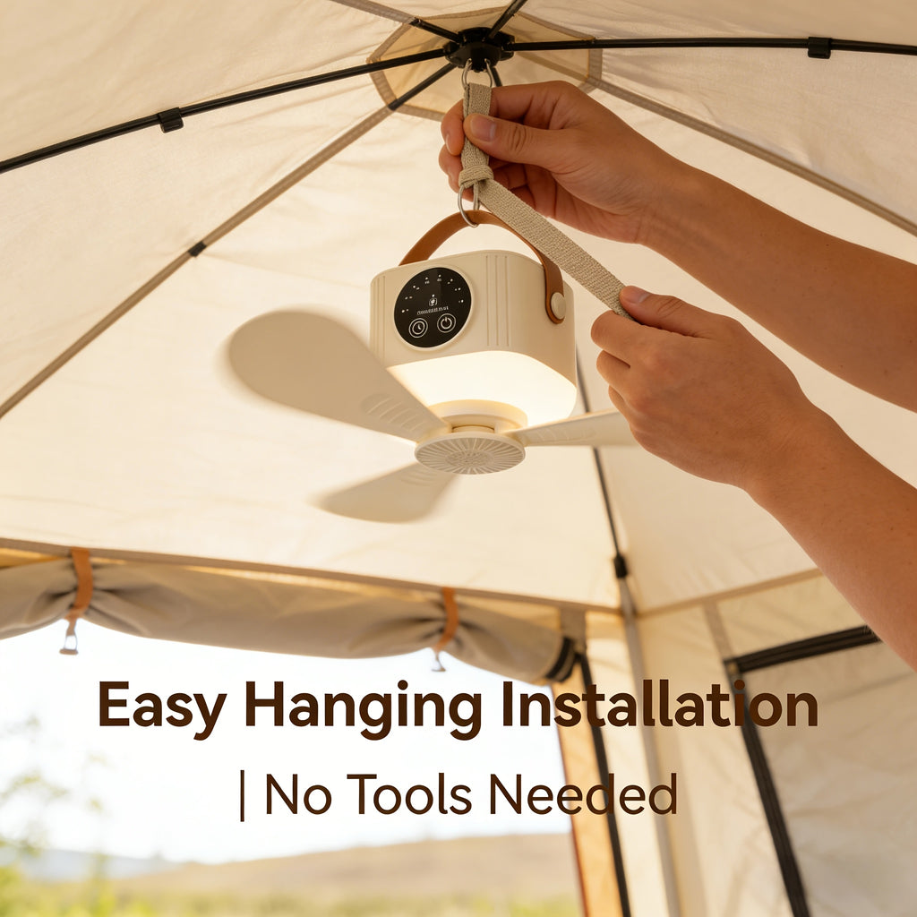Portable Rechargeable Remote Control Small Hanging Fan with Light, Remote Operated, 4-Speed Adjustable, Quiet & Timer, 3-Level Night Light, Detachable Blades, Long-Lasting Battery, Safe for Outdoor Tents