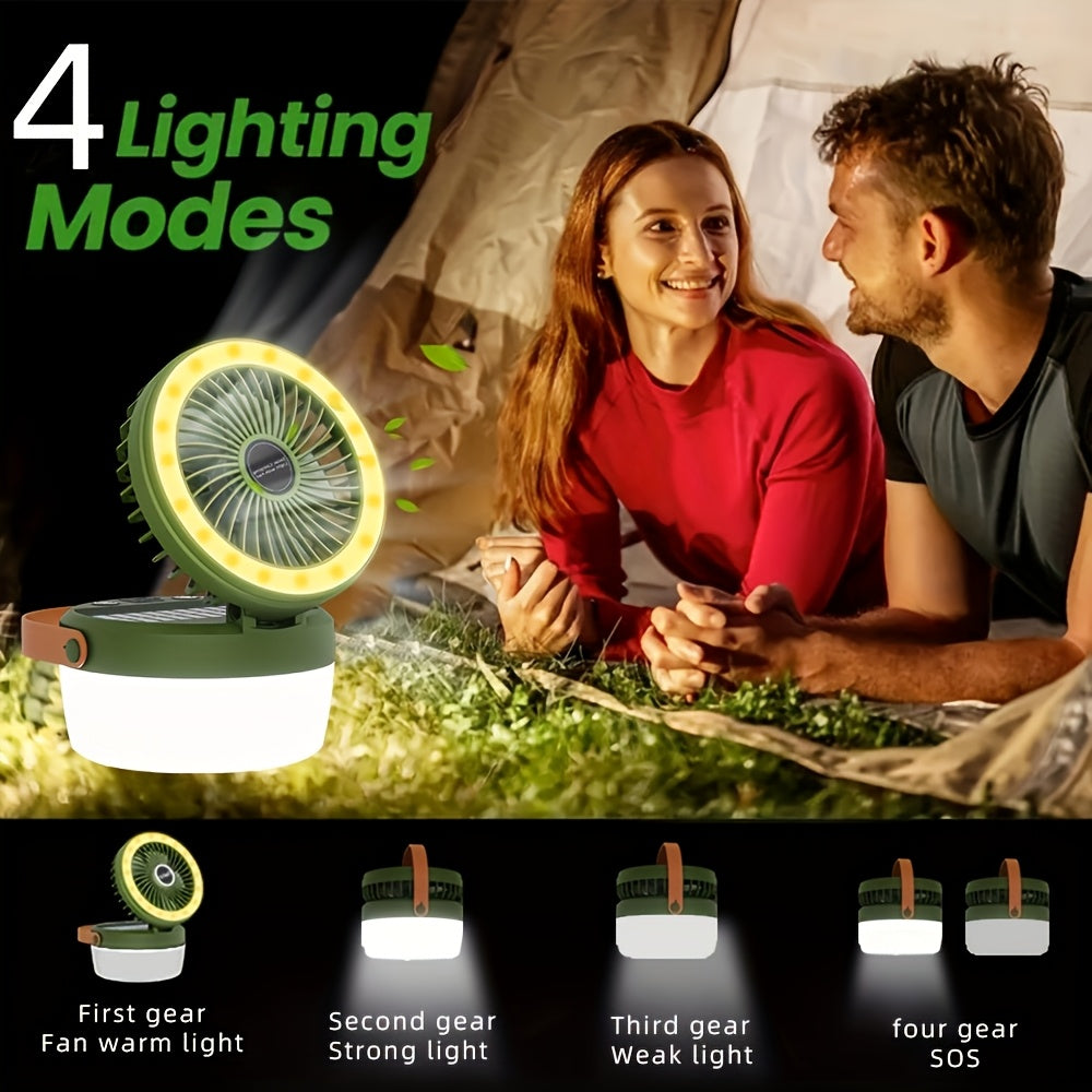3000mAh Solar Camping Fan, Outdoor Fan with Solar Panel, Portable LED Light Fan, Handheld & Hanging Mini Fan, USB Rechargeable Quiet Fan with Emergency Power Bank, Ideal for Camping Picnic Barbecue Fishing, Supports Phone Charging