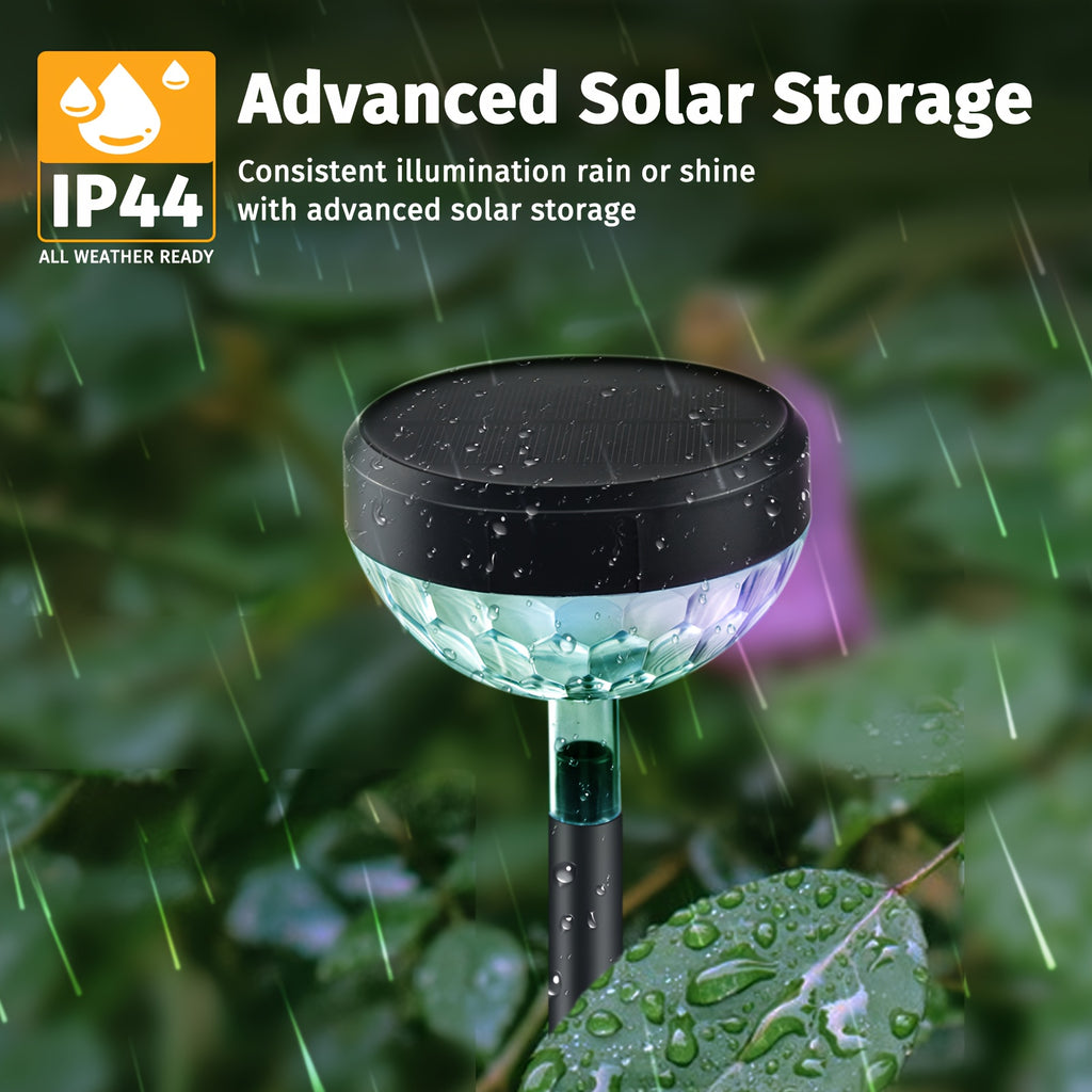 A Set of 8 Solar Path Lights with Color Changing Function and 8 Fixed Colors (Warm White, Cool White, RGB). These Outdoor Solar Garden Lights are Perfect for Decorating Walkways, Courtyards and Backyard Landscapes.