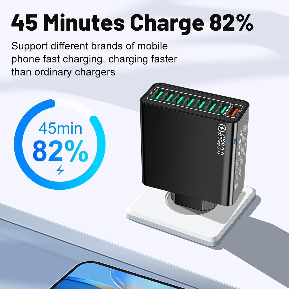 8-Port USB Charger with Quick Charge Fast Charging US Plug, 3-Phase AC Charging for Mobile Phones, Tablets, And Smartphones. Compact Design, Efficient Charger for Devices, Modern Charging Technology, Versatile Wall Charger