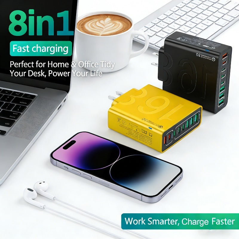 8-USB Smart Charger with QC3.0+PD Fast Charging Compatible for iPhone 17/16/15/14/13/12/11/XS/XR/Plus & Samsung, Voltage Adapter (-240) for Home & Travel, Smart Device Charging Station for Smartphones/Tablets/Electronics