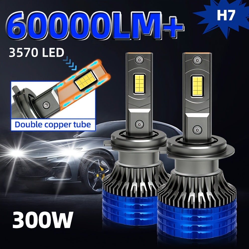 2个H4 H7汽车LED大灯，300W高功率60000流明，兼容Canbus及多种车型，包括H1、H11、H8、H9、HB3、9005、HB4、9006，12V 24V，配备6000K涡轮灯，适用于车辆，不含电池