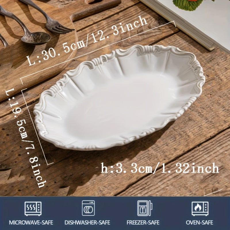 French Kiln-Changed Glaze Vintage 12-Inch Fish Plate, Ceramic Dinner Plate, Steamed Fish Dish, High Temperature Resistant, for Restaurant & Home Use