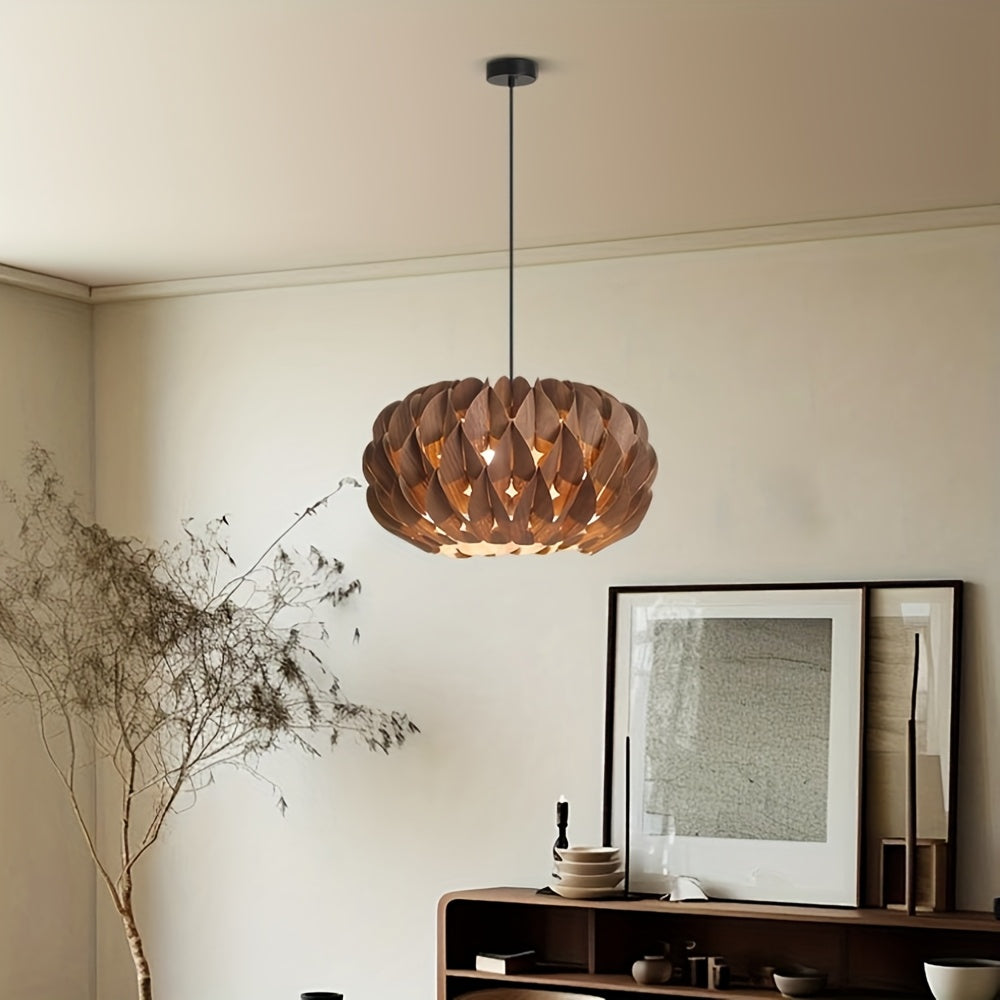 15.75 Inch Wooden Pendant Light, Suitable for Hotel, Bedroom, Dining Room - E27 Bulb Compatible Ceiling Light, Wood/Veneer Material, Elegant Design Fan Compatible Ceiling Mount (Lampshade Only)