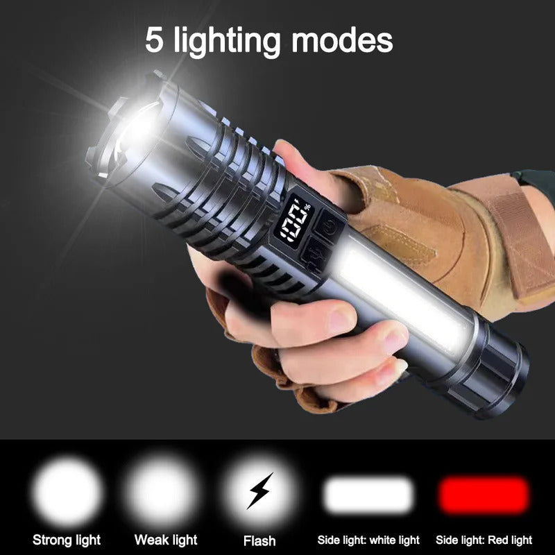 1Pc Super Bright XHP70 Powerful LED Flashlight, Power Bank Flashlight, USB Rechargeable Camping Tactical Flashlight with COB Light, Ideal for Camping and Emergency Use