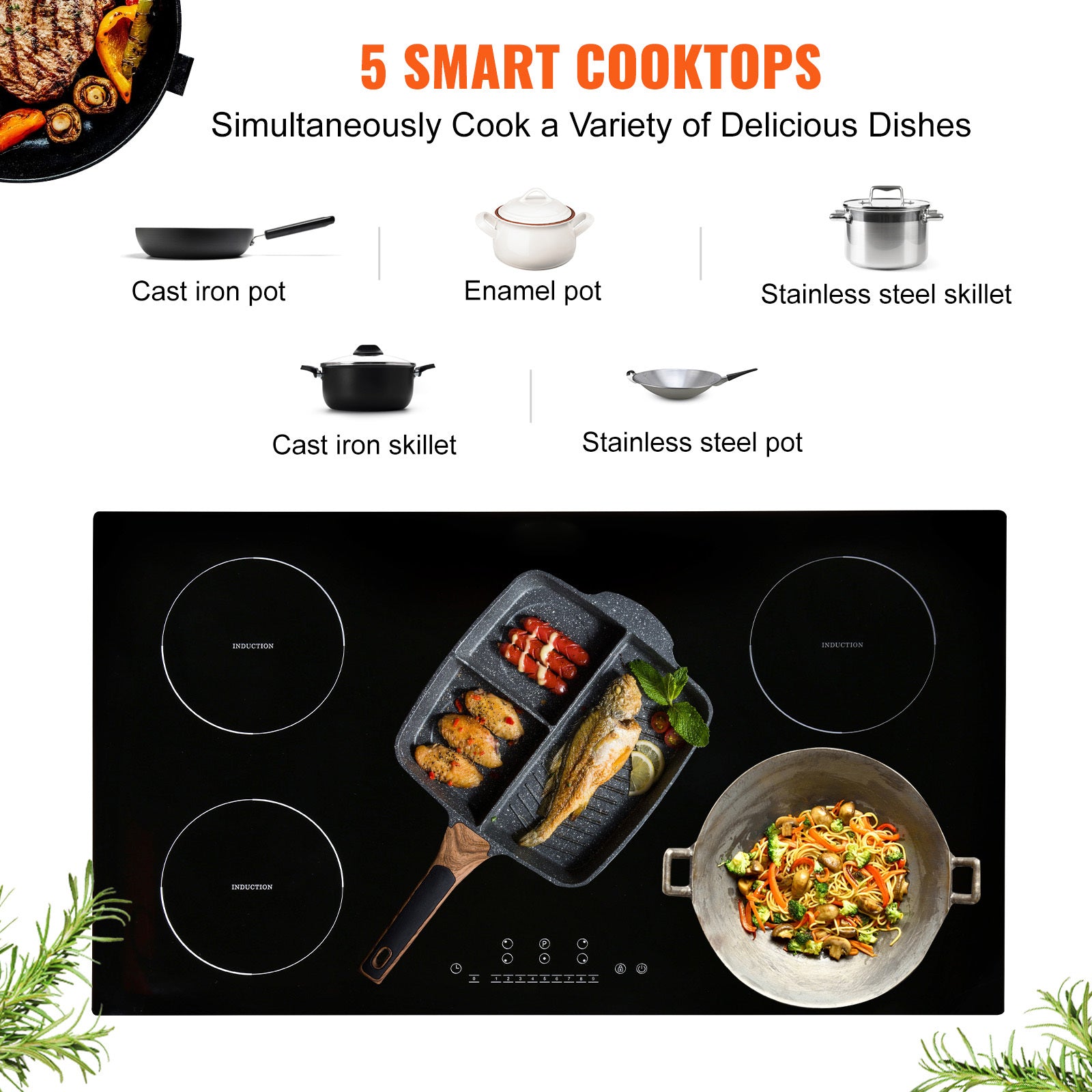 VEVOR Induction Cooktop, 5 Burners, 36-Inch Induction Stove, Built-In Magnetic Cooktop 9200W, 9-Level Multi-Function Burner, LED Touch Screen with Child Lock & Over-Temperature Protection