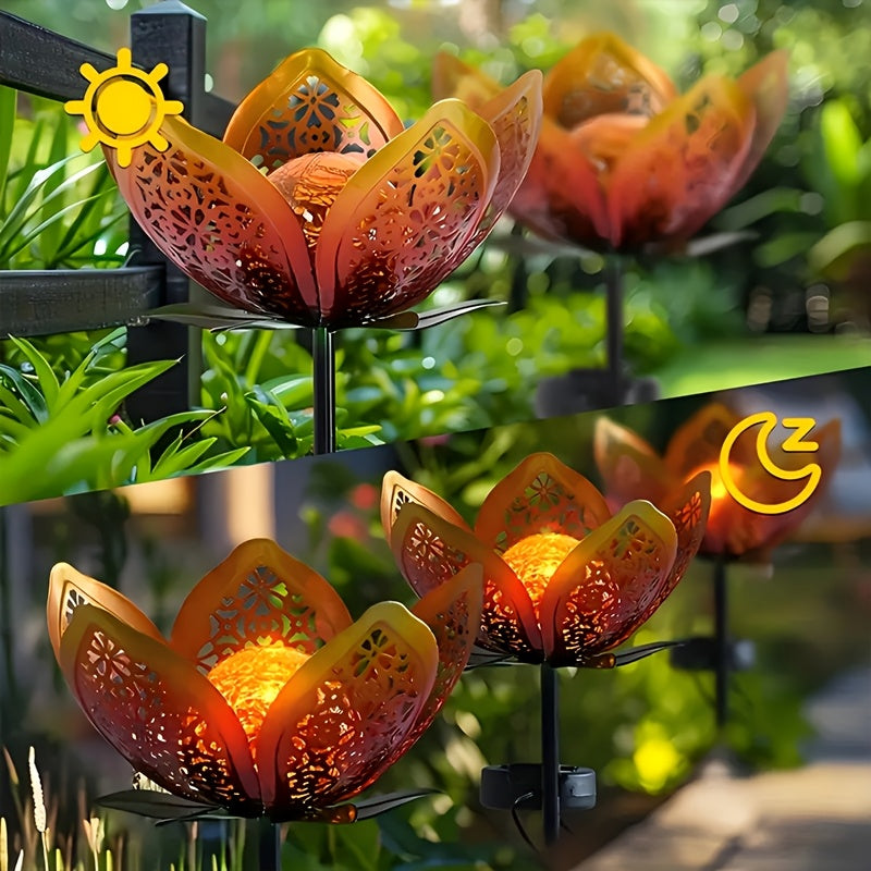 3pcs Solar Hollow Sunflower Lawn Light, Cracked Glass and Metal Floral Design, Suitable for Courtyard, Patio and Walkway Decoration, Outdoor Decoration | Lotus Design | Metal Structure, Solar Courtyard Light, Christmas Gift, Garden Decoration