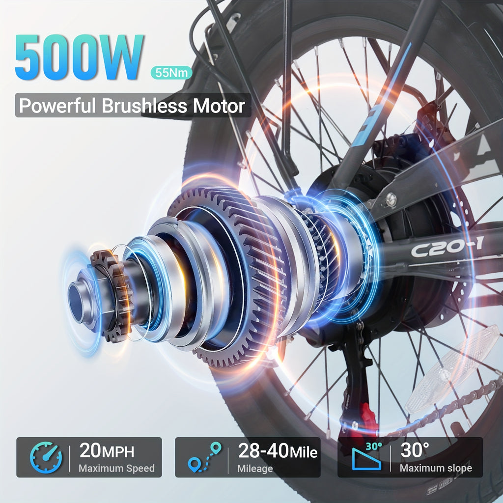 20寸可折叠电动自行车，成人500W强力电机电动自行车，48V 374.4Wh可拆卸锂电池，续航最长可达50-55km，LCD显示屏带7速齿轮电动自行车，城市通勤电动自行车，男女通用