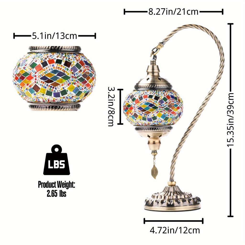 Turkish mosaic table lamp, Moroccan style metal base three-color handmade swan neck mosaic glass bedside lamp, suitable for bedroom and living room (bulb included)