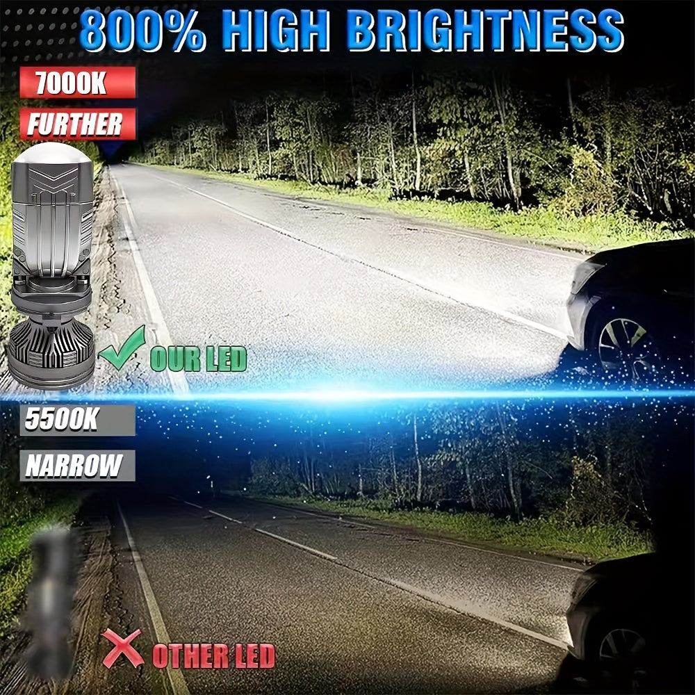2个LED H4 LED大灯迷你透镜LED 52000流明 H4/9003/HB2-QD086汽车灯高低光束Canbus 9570 CSP芯片LED灯泡12V，摩托车前灯7000K白色，无电池
