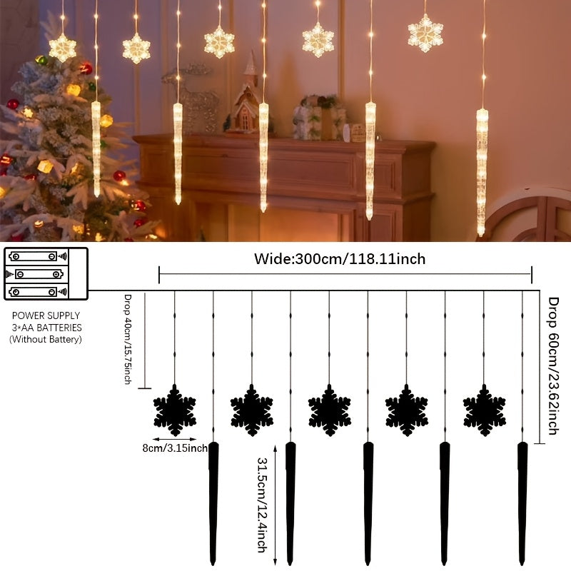 Shenzhi Tech 118.11inch LED 雪花冰錐燈串，專為聖誕裝飾設計，電池供電懸掛燈串，適用於房間、居家、派對、樹木和窗戶裝飾