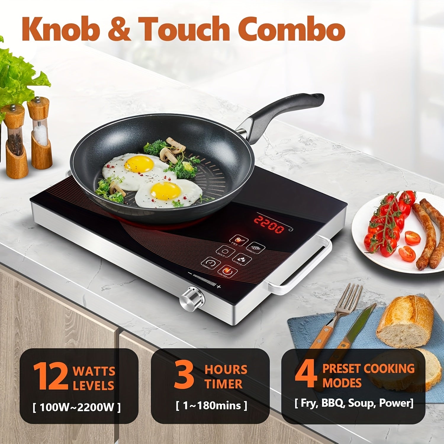 Electric Ceramic Cooktop, Induction Cooktop, Infrared Heating Plate, 2200W Portable Electric Cooking Appliance with Adjustable Temperature Settings, Dual Control Options