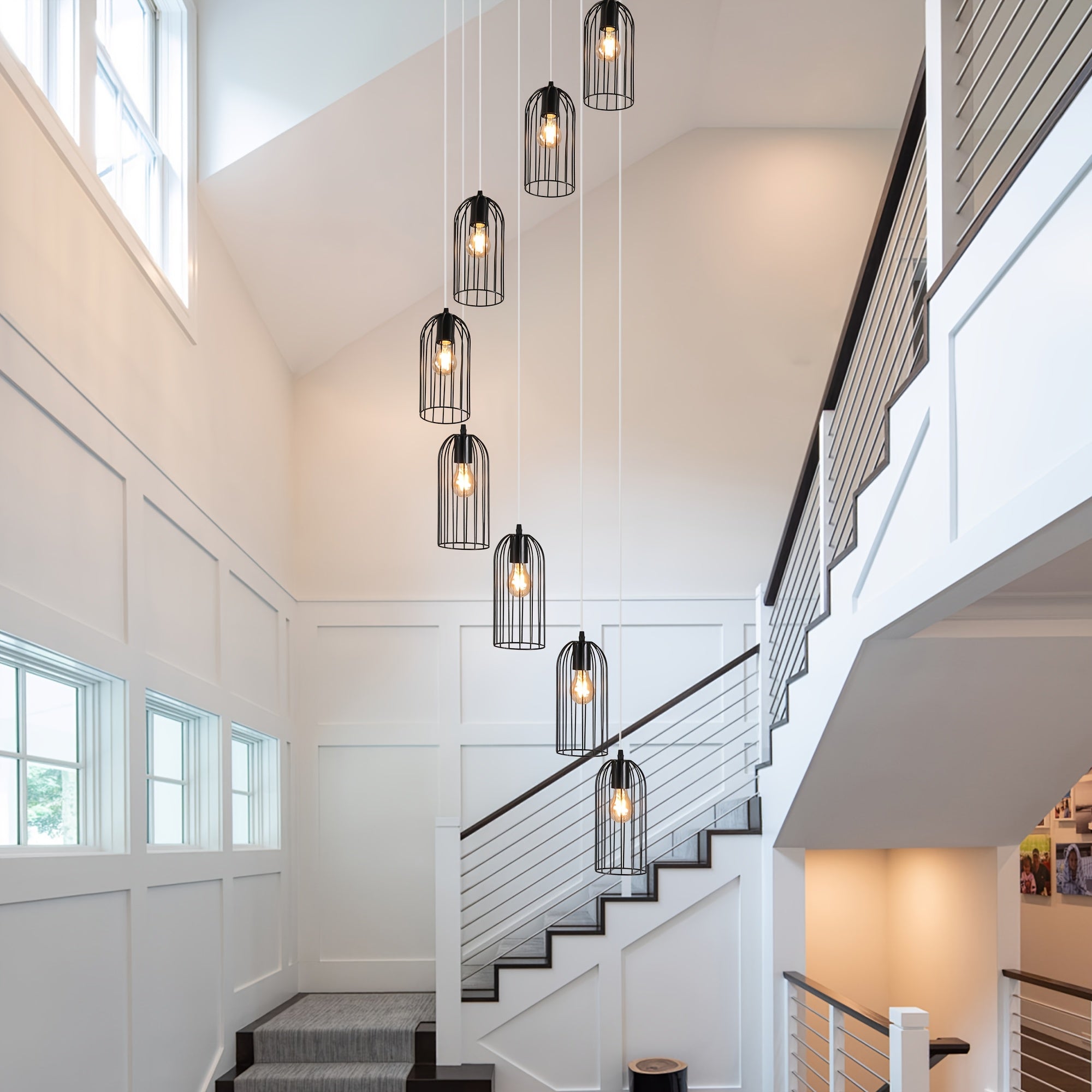 Ganeed modern staircase large chandelier, 114.2”/290cm tall unique cage chandelier long staircase ceiling pendant light, 8-light long spiral chandelier fixture, suitable for villa living room hall | LED light and home decoration
