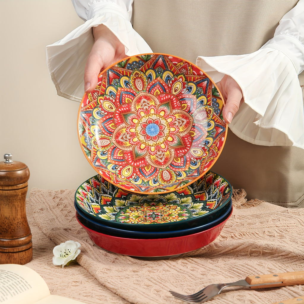 1-Piece Bohemian Floral Theme Ceramic Dinner Plate – 8-Inch Round Decorative All-Season Tableware, Perfect for Steak, Pasta, Breakfast – Microwave Safe Ceramic Dishware – Great for Christmas Gifts, Restaurant & Home Use