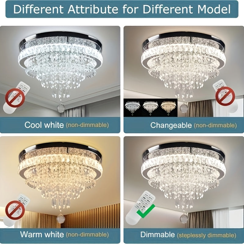 19.7-inch modern crystal chandelier, crystal ceiling light, LED remote control pendant light, suitable for bedroom, living room, dining room lighting (cool white light)